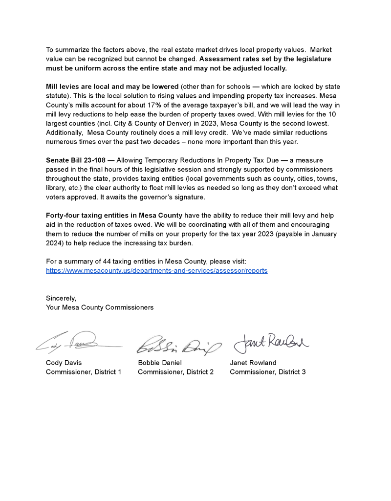 Image of the second page of an open letter regarding property taxes 
