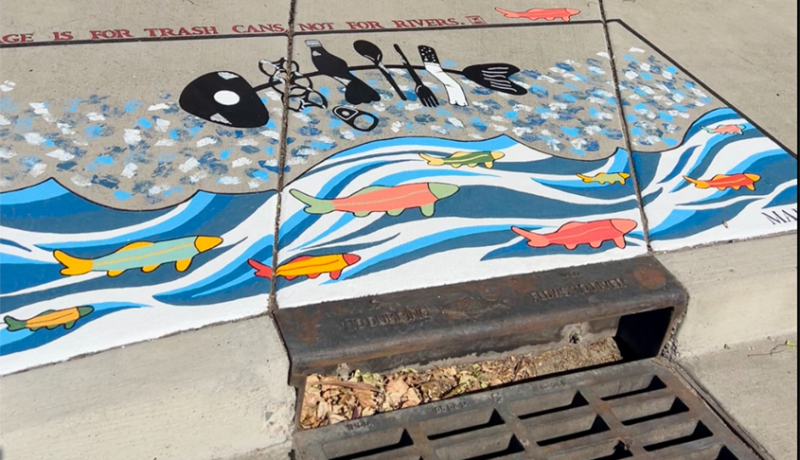 Art painted to show fish bones representing human trash above fish swimming in the river next to a storm drain. 