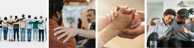 A series four images including a group of people standing in a line with their arms around each other, two people sitting in a chair with their arms around each other, a person holding the hand of another person, an adult sitting on the couch next to a teenager with arms around each other.