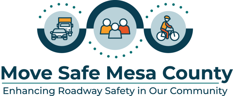 Three circle with cars, freight, people, and bicycles over the words Move Safe Mesa County Enhancing Roadway Safety in Our Community