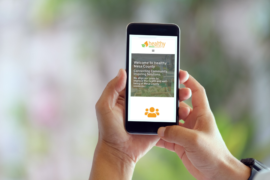 Person holding smartphone and looking at the Healthy Mesa County website.