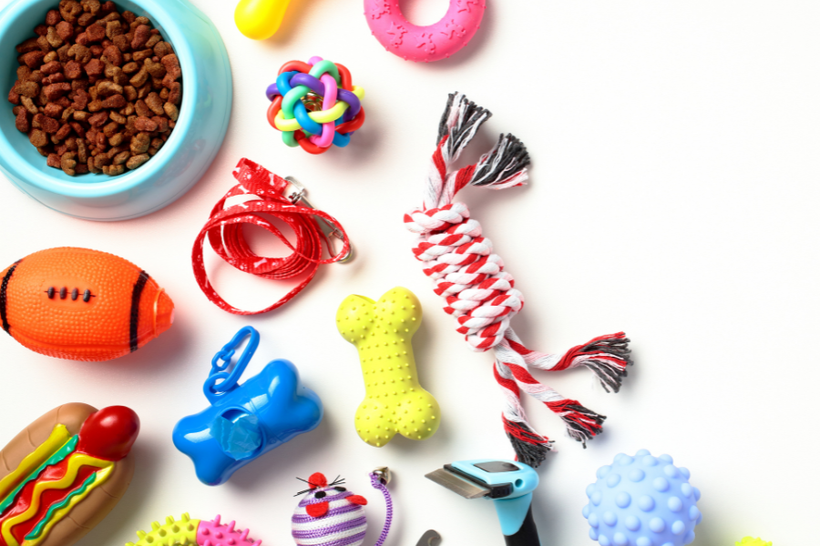 Various colorful pet supplies.