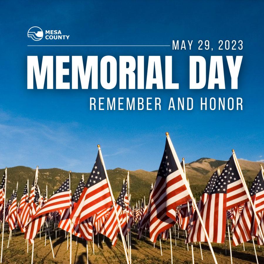 Memorial Day graphic with flags and the words "remember and honor"