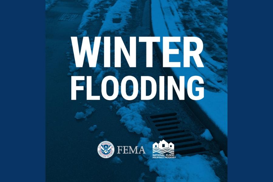 Blue-tinted image of a storm drain surrounded by patches of snow. Large white text says "WINTER FLOODING."