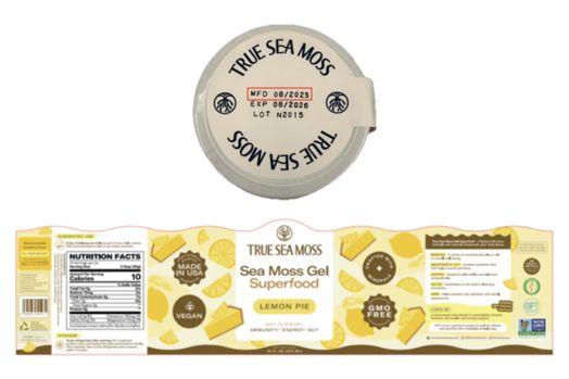 Two product labels for True Sea Moss Gel products showing name of product, expiration date, and nutrition information.