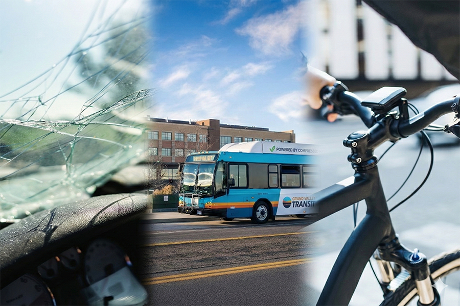 Composite image showing a cracked car windshield, a Grand Valley Transit bus on a city street and a person riding a bicycle, representing transportation safety and travel options in Mesa County.