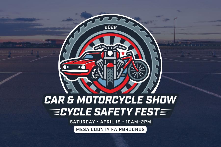Logo for the April 18, 2026 Cycle Safety Fest Crime Stoppers Car Show which includes a car, motorcycle, and bicycle.