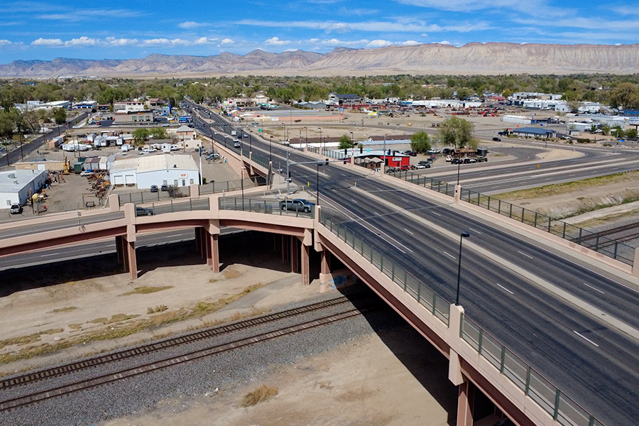 An aerial view of the 29 Road overpass crossing railroad tracks.