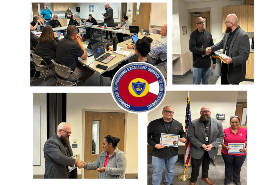 Collage shows meeting at correctional facility, staff presentations, and recognition with certificates and handshakes for Community Corrections team.