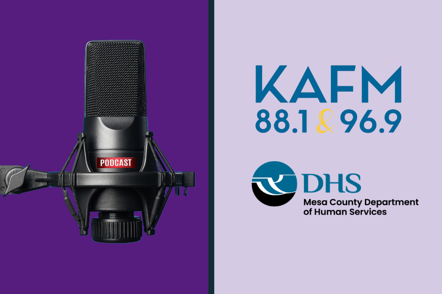 KAFM & DHS logos with microphone on purple background