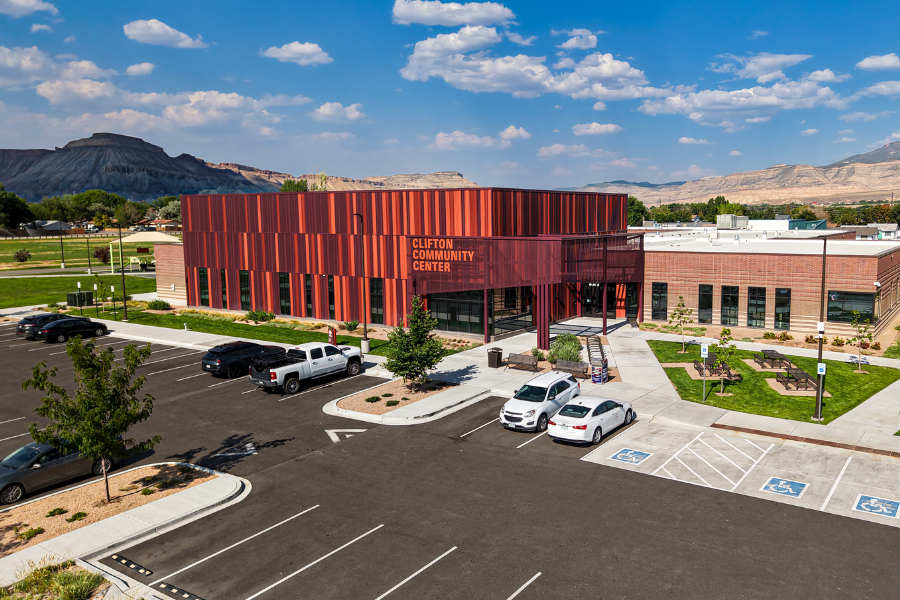 Drone photo of the Clifton Community Campus with the Book Cliffs and Grand Mesa in the background.
