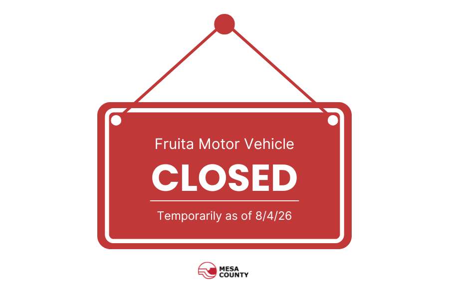 Graphic of red door hanging sign that says “Fruita Motor Vehicle closed temporarily as of 8/4/26.”